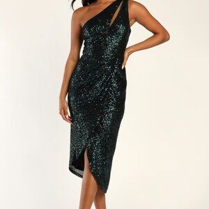 Lulus Keep 'em Dazzled Teal Sequin One-shoulder Cutout Midi Dress Green - Size S